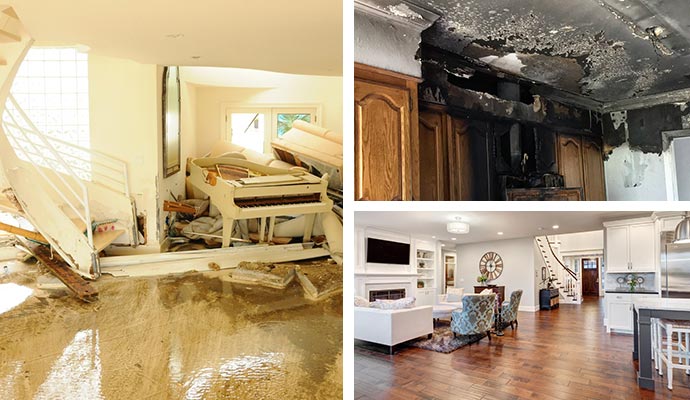 Water damaged house, fire damaged kitchen and remodeled home